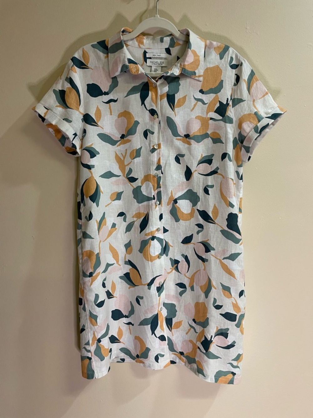 Rachel Zoe 100% Linen Floral Button Down Shirt-Dress Tunic Size M